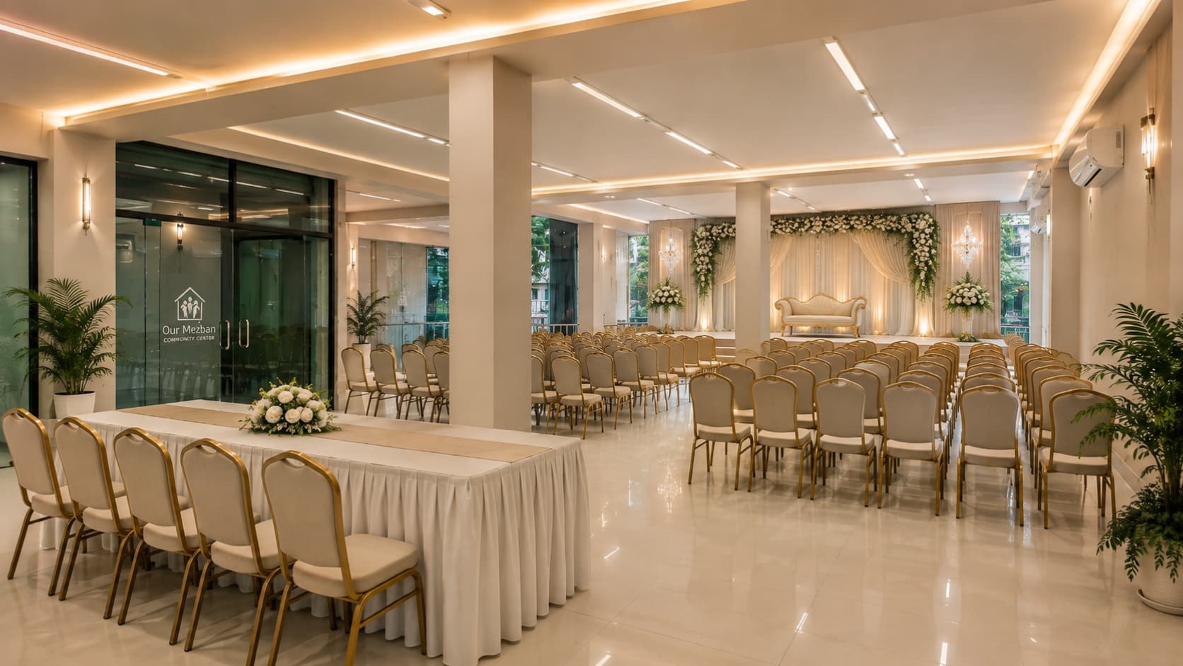 Our Mezban hall arranged with rows of chairs facing a decorated stage